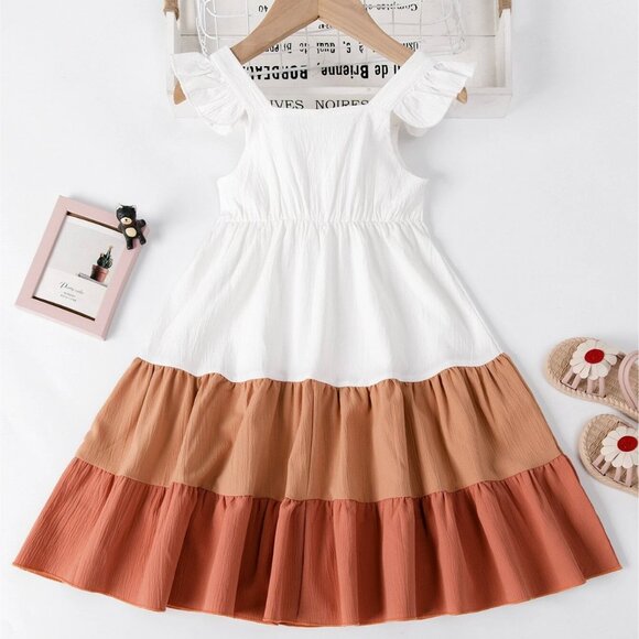 Girl Color Block Flying Sleeve Casual Dress 7/8 - Picture 1 of 4